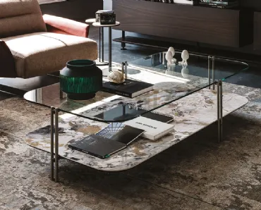 Tavolino con piano superiore in cristallo e piano inferiore in ceramica Biplane di Cattelan Italia
