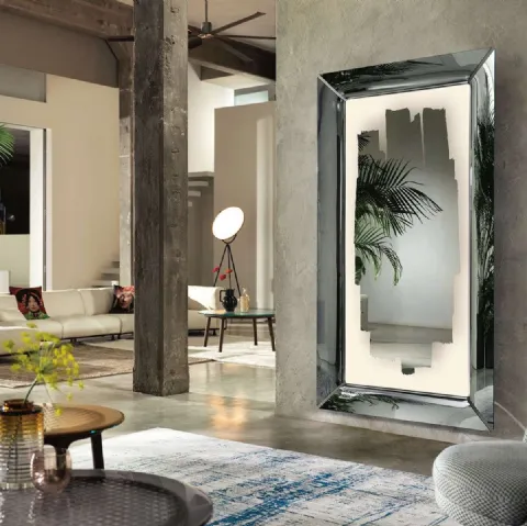 Specchio Caadre with light con decoro artistico e cornice in vetro semiriflettente di Fiam