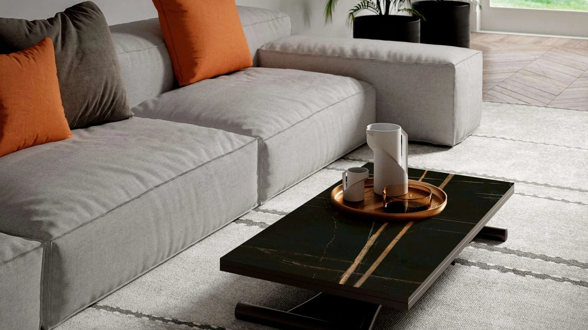 Tavolino trasformabile in tavolo da pranzo Mondial CR in marble glass di Ozzio