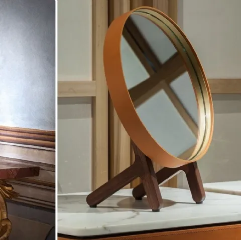 Specchio da tavolo con cornice in metallo e appoggio in legno Ren di Poltrona Frau