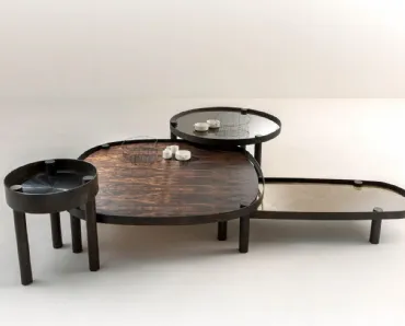 Tavolini Tray con base in metallo acidato e top in legno, marmo, pietra o cristallo di Laura Meroni