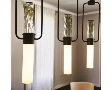 Lampada a sospensione in ferro brunito con paralume in vetro Bamboo di Cattelan Italia