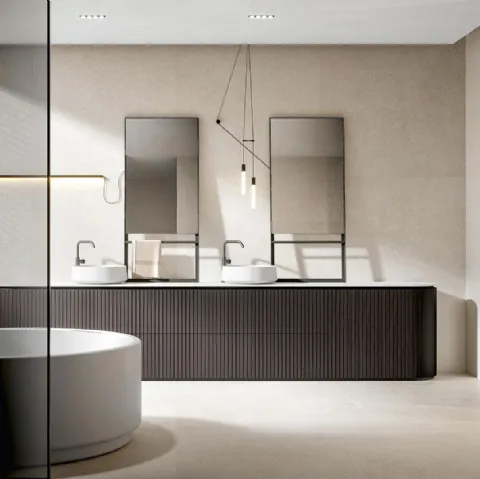 Mobile da Bagno a terra con doppio lavabo Calipso 2344 finitura Texture Veneziana Castagno tinto Fuliggine di Edoné