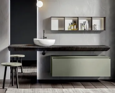 Mobile da Bagno sospeso in laccato opaco con consolle in castagno Chrono 007 di Edoné