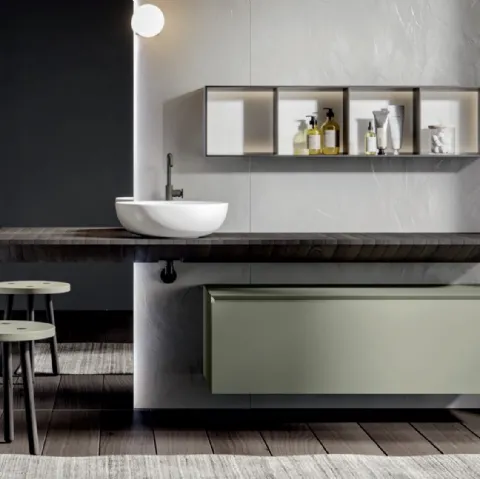 Mobile da Bagno sospeso in laccato opaco con consolle in castagno Chrono 007 di Edoné