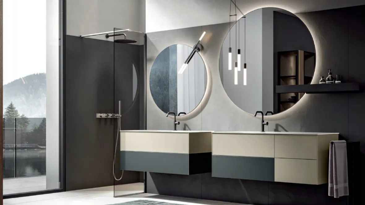 Mobile da Bagno sospeso in vetro extrachiaro laccato ecrù Enea 008 di Edoné