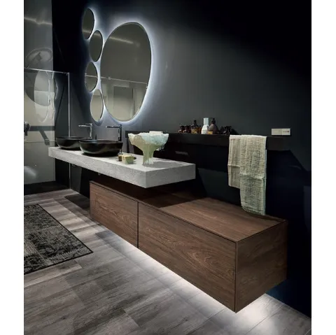 Mobile da Bagno sospeso in HPL olmo scuro e consolle in pietra piasentina Enea 002 di Edoné