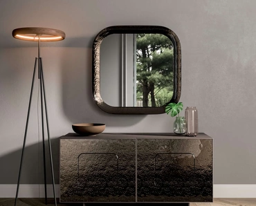 Madia Giulia con contenitore laccato e rivestimento ante in vetro bocciardato retroargentato color Bronzo di Ozzio