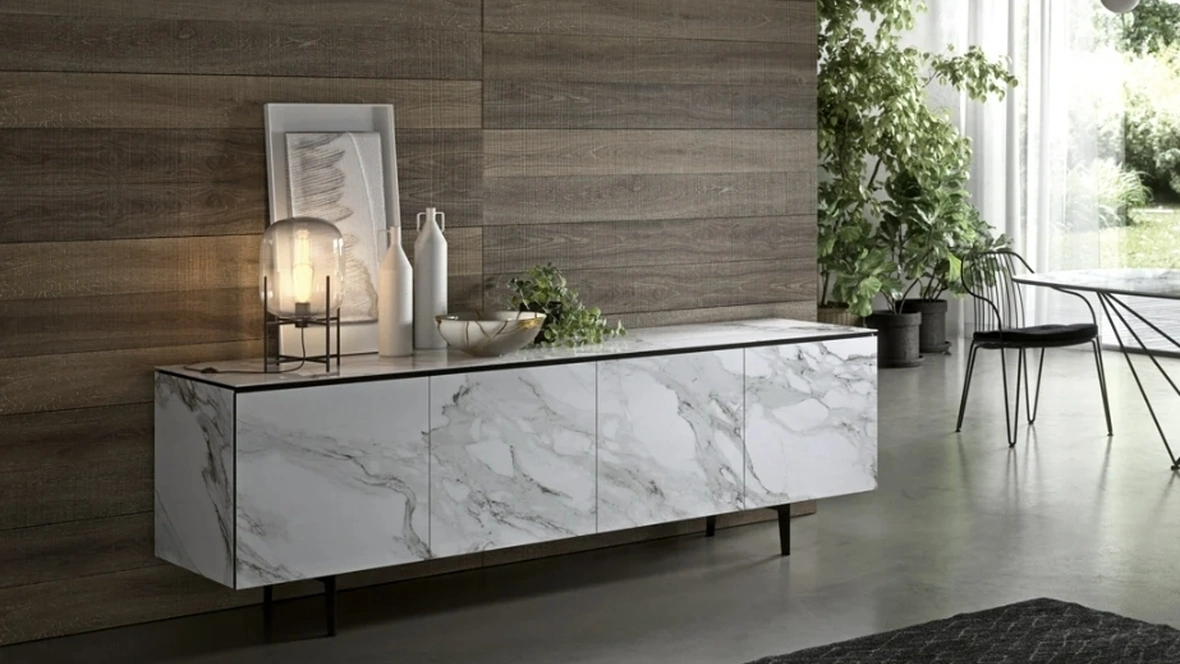 Madia moderna in ceramica Calacatta effetto marmo Armor di Ozzio