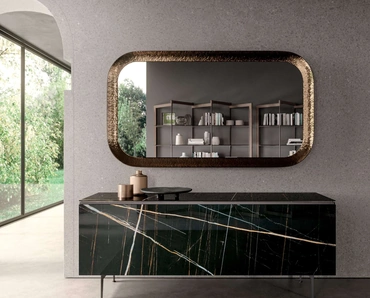 Madia moderna in marble glass Sahara Noir lucido con piedini in metallo Plana di Ozzio