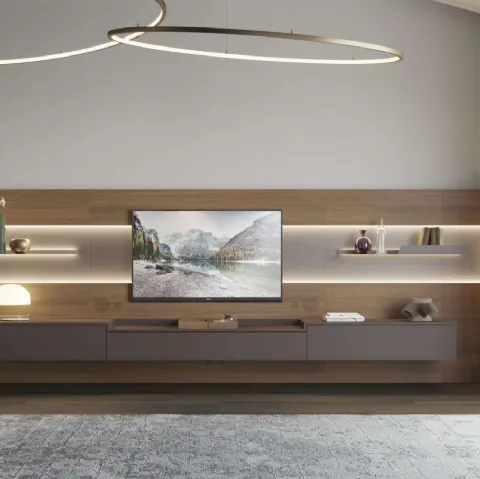 Parete Attrezzata angolare in legno con mobile sospeso in laccato opaco Living TV 12 di Turati T4