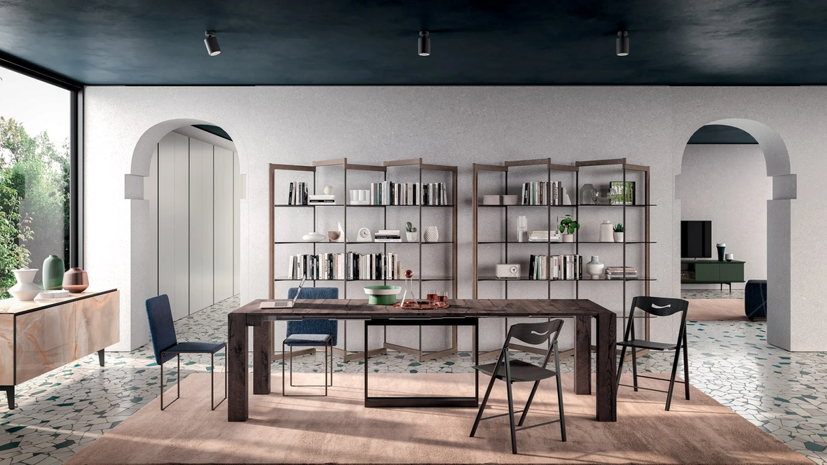 Consolle A4 allungabile in Rovere e metallo dotata di 4 prolunghe incorporate nella struttura di Ozzio