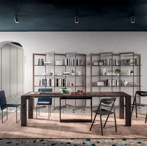 Consolle A4 allungabile in Rovere e metallo dotata di 4 prolunghe incorporate nella struttura di Ozzio