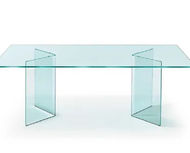 Tavolo Corner con top in vetro e basi in vetro curvato di Fiam