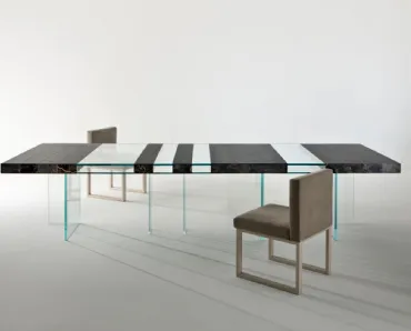 Tavolo modulare con piano in cristallo e marmo e base in cristallo Elemento Laura Meroni