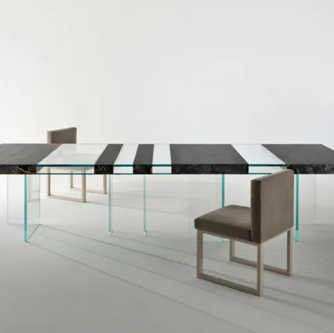 Tavolo modulare con piano in cristallo e marmo e base in cristallo Elemento Laura Meroni