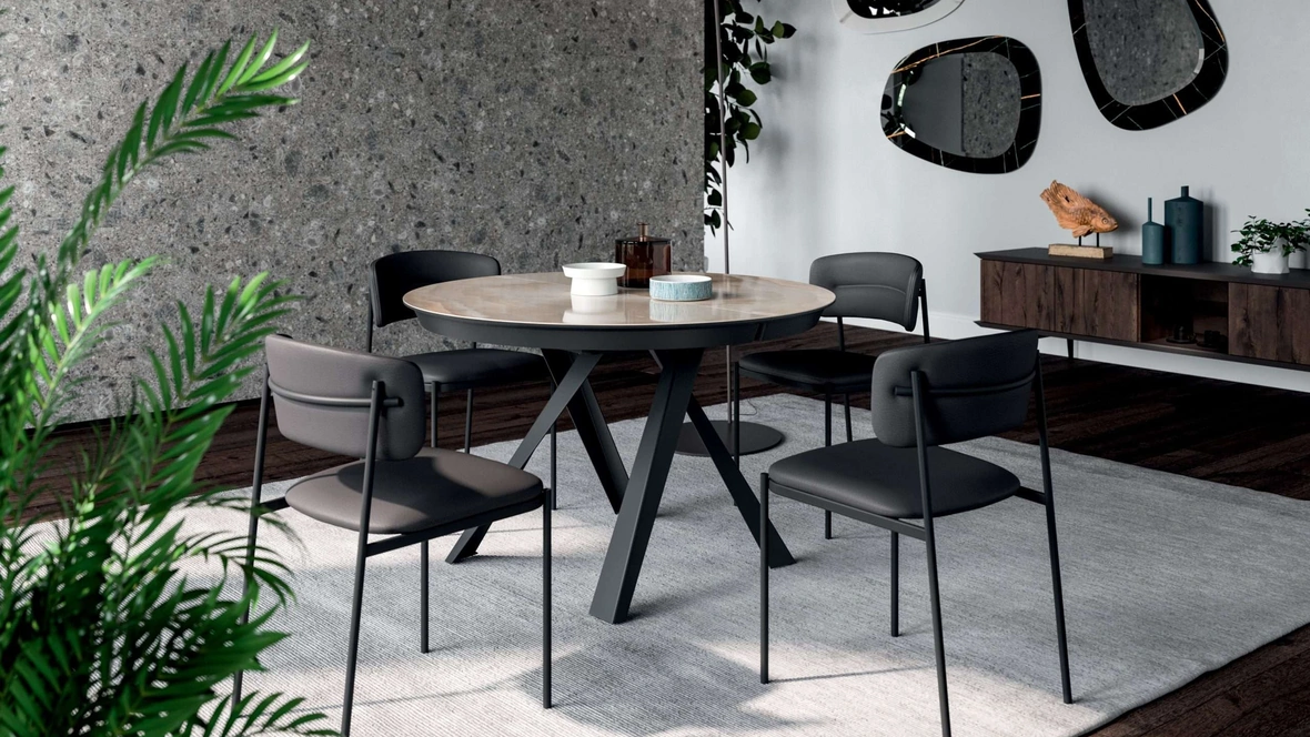 Tavolo rotondo allungabile Emisfero con top in marble glass Onice lucido e base in metallo verniciato di Ozzio