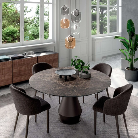 Tavolo rotondo Lycos Fisso in Ceramica Emperador con base in metallo di Ozzio