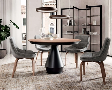 Tavolo allungabile rotondo Lycos con top in legno di Rovere Wild naturale e base in metallo verniciato di Ozzio