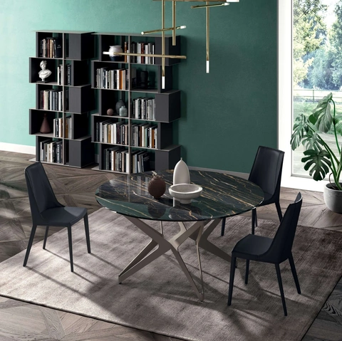 Tavolo Big Round Fisso in ceramica Noir Desir con base in metallo di Ozzio