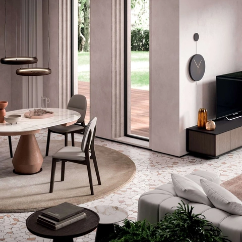 Tavolo allungabile Lycos con top in Marble Glass Calacatta Gold lucido e base in metallo verniciato Bronzo di Ozzio