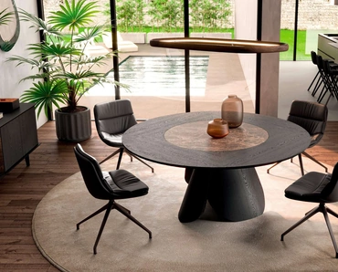 Tavolo rotondo allungabile in legno Veliero con vassoio girevole Lazy Susan in ceramica incassato nel piano di Ozzio