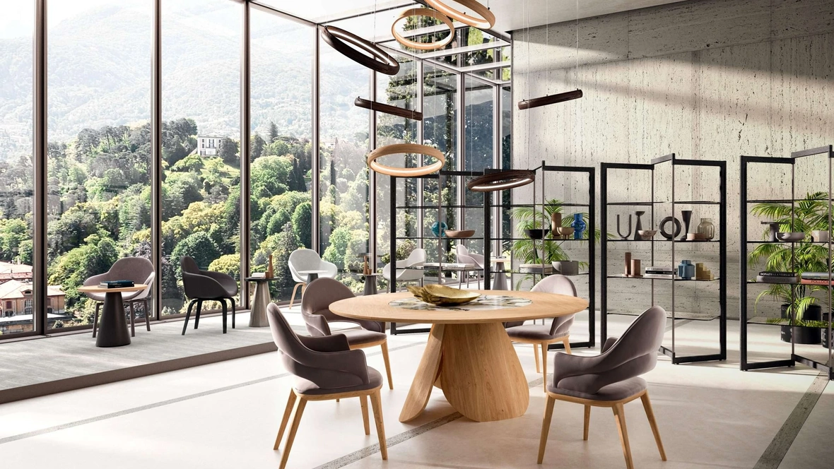 Tavolo rotondo allungabile in legno Veliero con vassoio girevole Lazy Susan in ceramica incassato nel piano di Ozzio