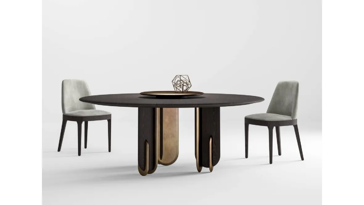 Tavolo rotondo con piano in legno e gambe in legno naturale e laccato bronzo Talento di Laura Meroni