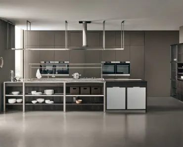 Cucina Design con isola KLab 03 in Vetro Diamantato e Rovere Termotrattato di Ernestomeda