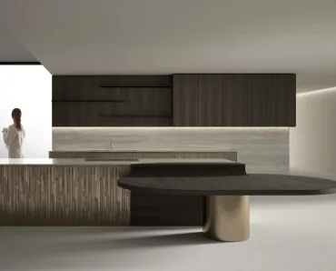 Cucina Design con isola Progetto Cucina #01 in legno e metallo liquido bronzo di Laura Meroni