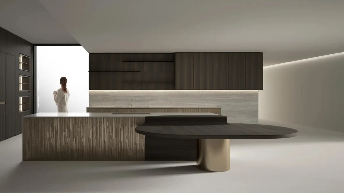 Cucina Design con isola Progetto Cucina #01 in legno e metallo liquido bronzo di Laura Meroni