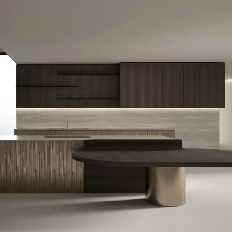 Cucina Design con isola Progetto Cucina #01 in legno e metallo liquido bronzo di Laura Meroni
