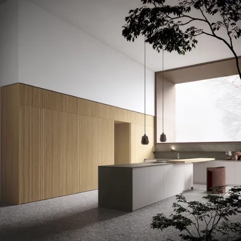 Cucina Design con penisola Sistema 22 Naturale in laccato e rovere di Alta Cucine