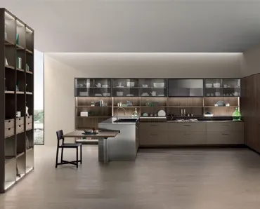 Cucina Design con penisola Soul 02 in rovere d'ombra nodato e laccato opaco di Ernestomeda