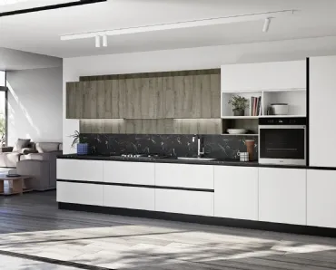 Cucina Moderna lineare Easy 011 in pet bianco e rovere di Ar-due