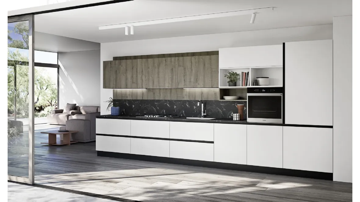 Cucina Moderna lineare Easy 011 in pet bianco e rovere di Ar-due