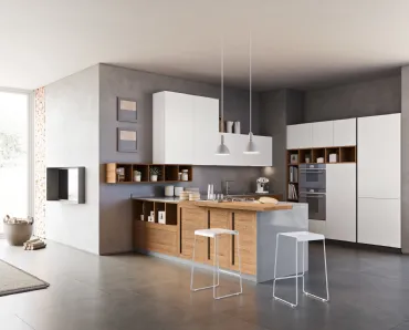 Cucina Moderna con penisola Intesa 003 in laccato bianco e rovere di Ar-due