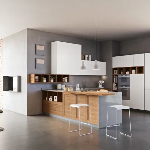 Cucina Moderna con penisola Intesa 003 in laccato bianco e rovere di Ar-due