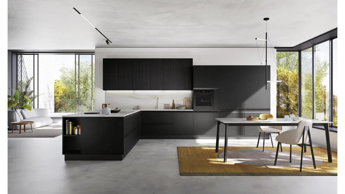 Cucina Moderna con penisola K10 002 in laccato e cannettato nero di Ar-due