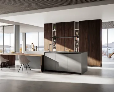 Cucina Moderna con isola Q01 001 effetto legno e effetto pietra di Ar-due