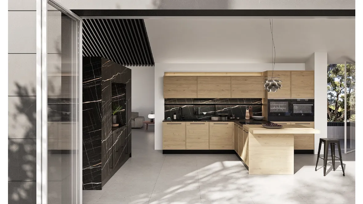 Cucina Moderna con penisola Q01 008 in rovere e effetto marmo di Ar-due